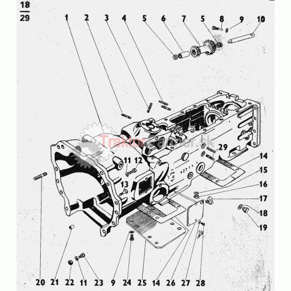Skriňa prevodovky a zpetný chod.