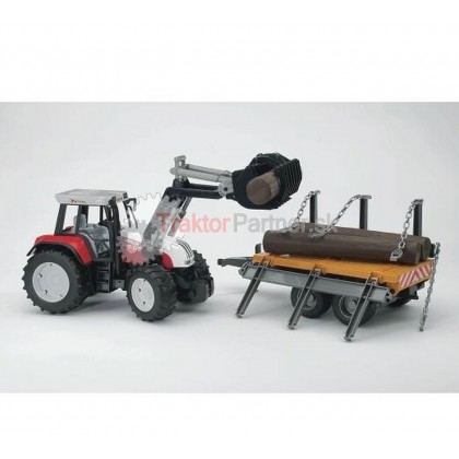 Hračka - Traktor STEYR s nakladačom a vlečkou na kmene L = 76 cm - 02088